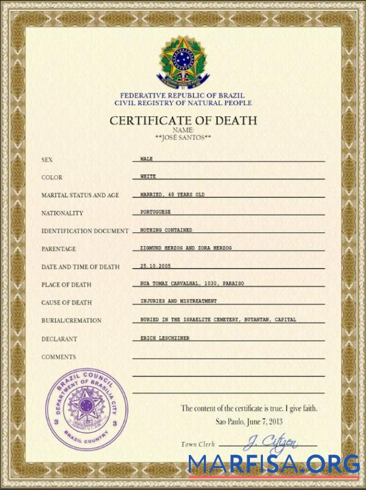 Printable Brazil death certificate PSD template